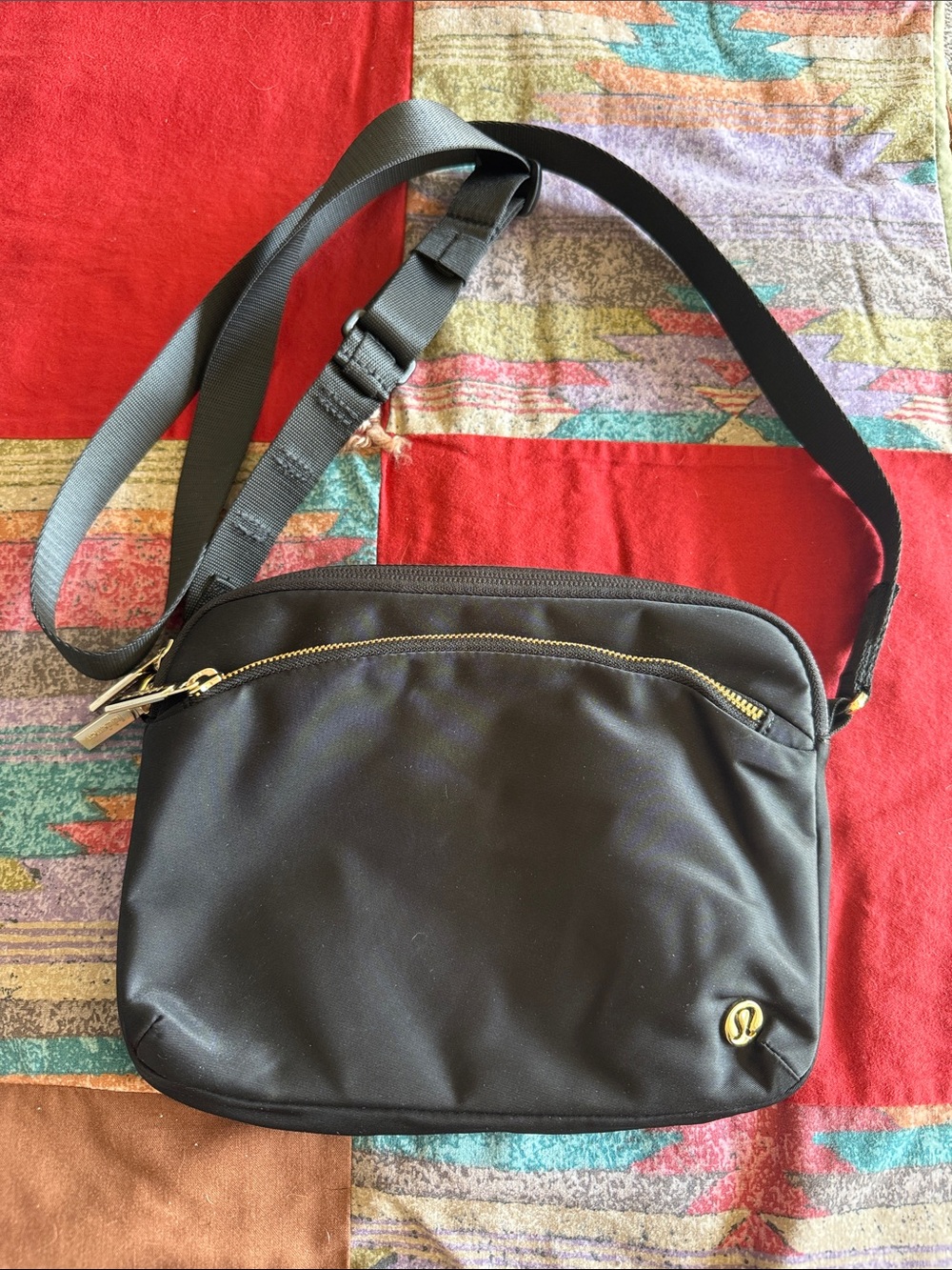 lululemon athletica Black Nylon Crossbody Shoulder Bag with Gold Zipper
